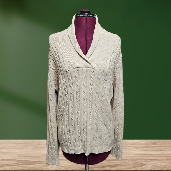 Charter Club Sweaters - Charter Club Shawl Collar Cable Knit Pullover Sweater Beige Long Sleeve Cotton